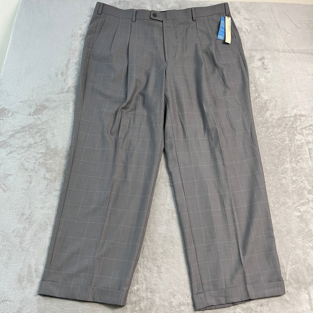 NWT Perry Ellis Portfolio Neo-Luxe Men Grey Windowpane Pleated Dress Pants 42x30